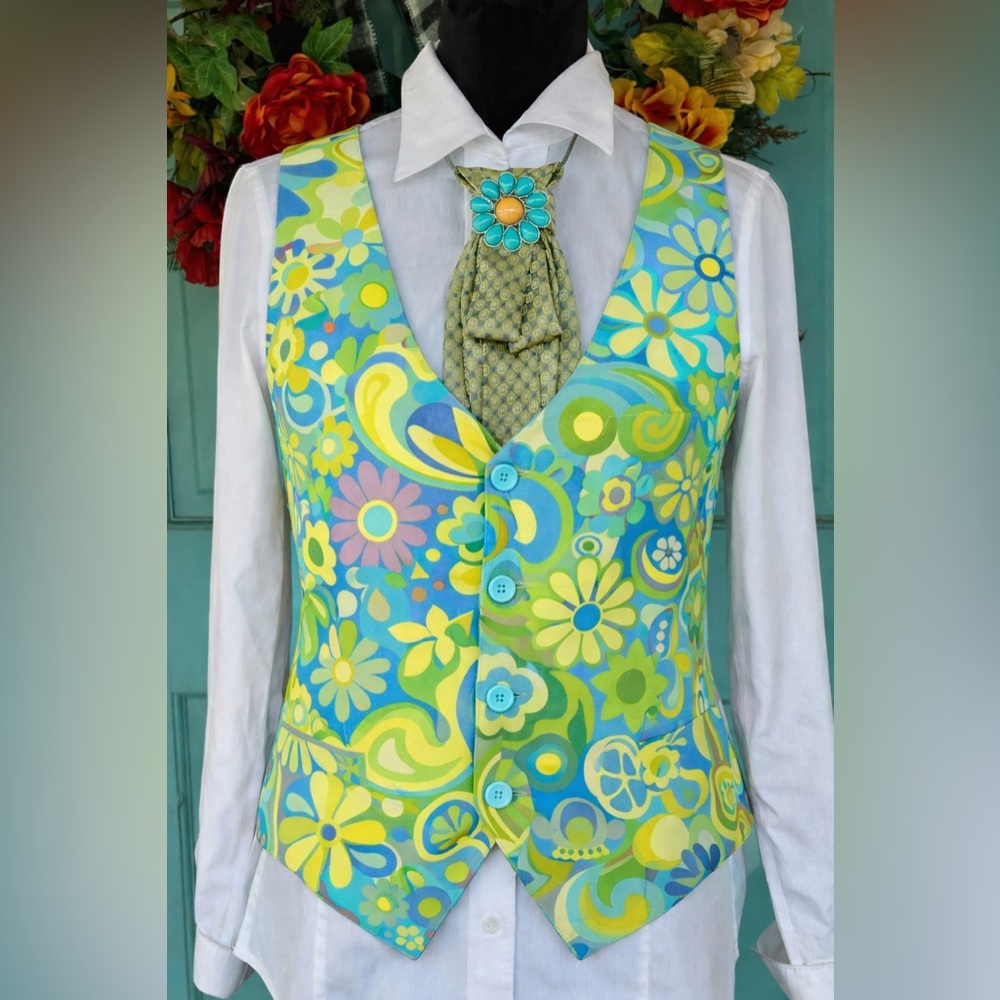 1960’s Flower Power Necktie Necklace Valentino Ricci Milano OOAK Brooch & Chain - Picture 4 of 10
